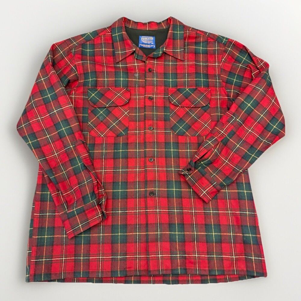 Vintage PENDLETON Board Shirt Plaid Boyd Tartan Wool Flap Pockets Loop Collar XL